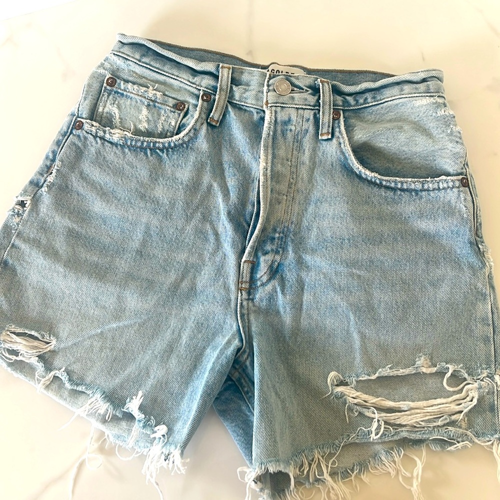 Agolde Riley short Denim Shorts Jean raw hem distressed cut off size 26